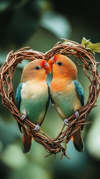 Two lovebirds nestled together in a heart-shaped vine.