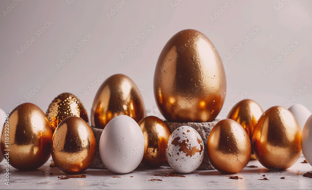 Poster group of eggs, some of which are gold and some are white. they are arranged in a line