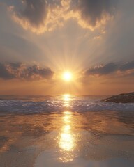 Obraz premium Breathtaking sunset over tranquil beach scenic landscape natural beauty serene atmosphere captivating view