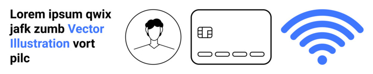 User profile icon next to a credit card and wireless symbol, representing concepts of online identity, digital transactions, and internet connectivity. Ideal for finance, technology, security