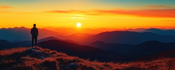 Solitary figure stands atop mountain peak at sunrise. Stunning landscape unfolds beneath. Colors transition from orange to warm tones. Peaceful moment of contemplation under rising sun. New