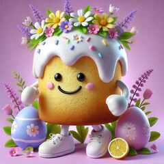 Naklejka premium A cheerful, decorated cake character with flowers and Easter eggs, perfect for festive themes in baking, children's products, or seasonal marketing.