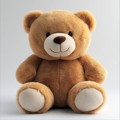 Obraz premium A soft and cuddly brown teddy bear with fluffy fur, shiny black eyes, a cute stitched smile, and detailed paw pads, isolated on a white background.
