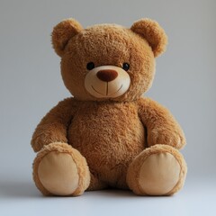 Obraz premium A soft and cuddly brown teddy bear with fluffy fur, shiny black eyes, a cute stitched smile, and detailed paw pads, isolated on a white background.
