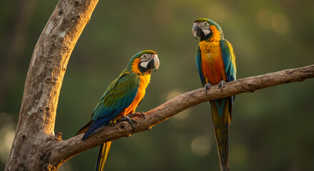 Obraz premium A pair of beautiful parrots are perched on a tree branch