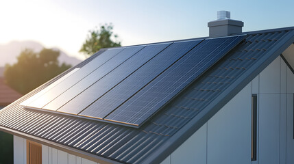 Obraz premium Solar panels or photovoltaic systems on a house roof