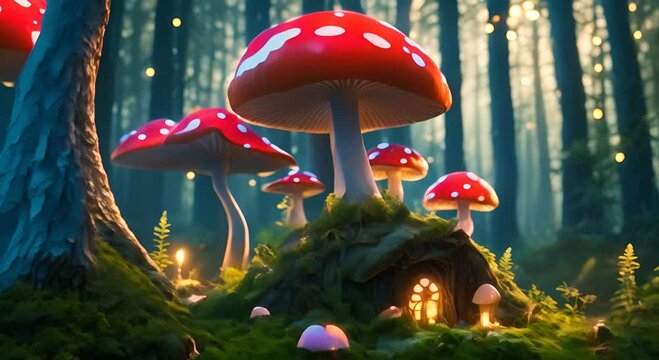 Enchanted forest with glowing red mushrooms Video 4K