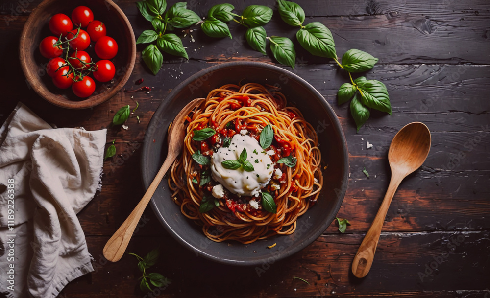Poster bowl of pasta with a white sauce and a spoon next to it. a bowl of tomatoes and basil is on the tabl