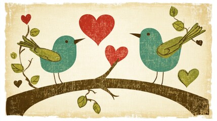 Charming Valentine's Day card showcasing two adorable birds perched on a branch, surrounded by hearts and leafy vines, symbolizing love and caring