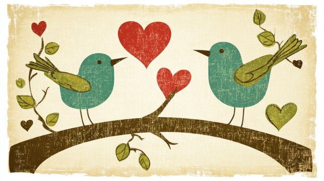 Charming Valentine's Day card showcasing two adorable birds perched on a branch, surrounded by hearts and leafy vines, symbolizing love and caring