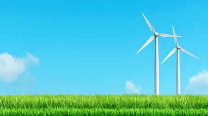 Fototapeta premium Wind Turbines Against a Clear Blue Sky with Lush Green Grass Field