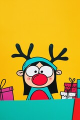 Naklejka premium Child in a Colorful Red-Nosed Reindeer Outfit Surrounded by Colorful Presents on a Bright Yellow Background