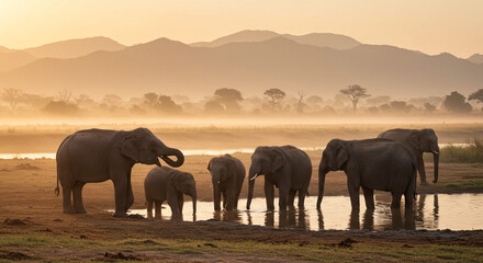 Fototapeta premium herd of elephants at sunset