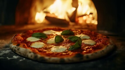 Deliciously baked pizza with mozzarella and fresh basil in a traditional wood fired oven
