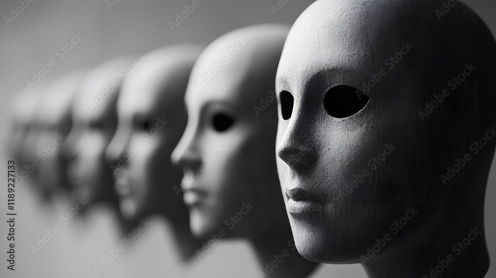 Poster A Row of Monochrome Mannequin Heads Displaying Expressions of Emotion and Identity in a Minimalist Artistic Style