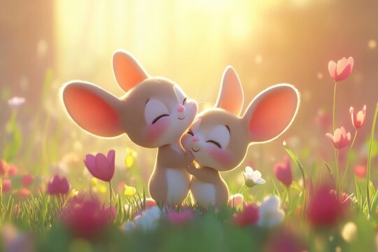 Two charming cartoon rabbits express their affection, surrounded by colorful flowers in a sunlit garden. This heartwarming scene embodies the spirit of love and caring