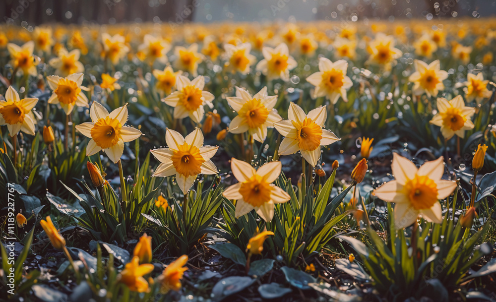 Aufkleber field of yellow flowers with some raindrops on them. there are many flowers in the field