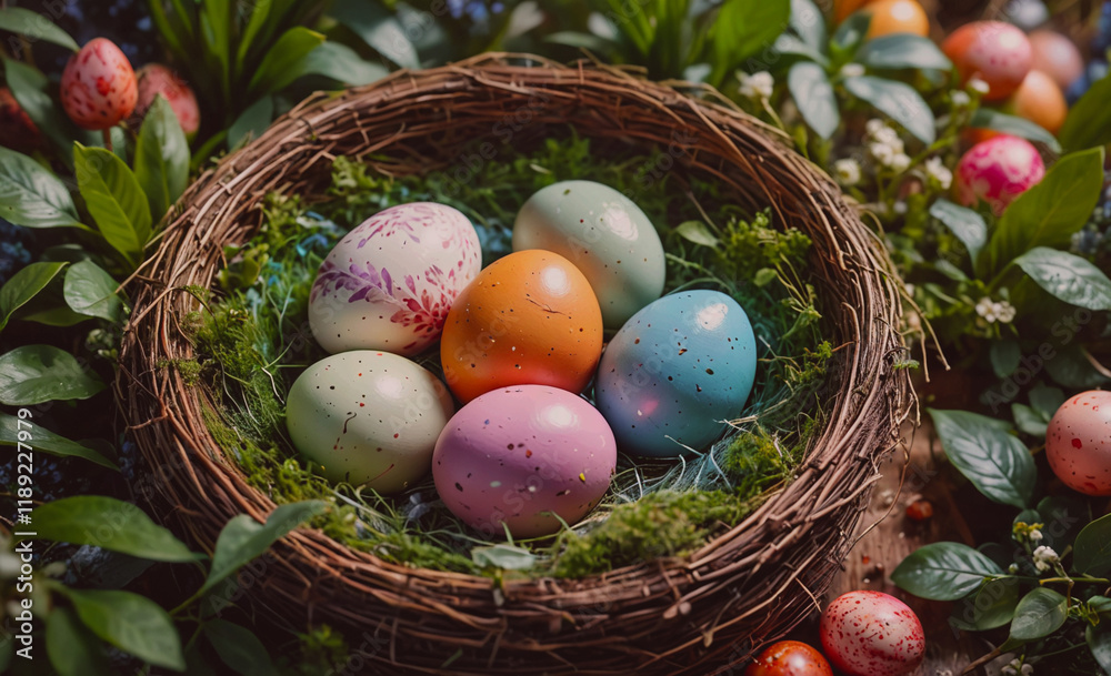 Poster basket of eggs with different colors and designs. the basket is in a garden with green grass and lea