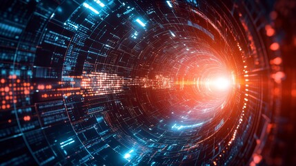 Obraz premium Futuristic Digital Tunnel Abstract Data Stream Network Technology Cyberspace Binary Code Orange and