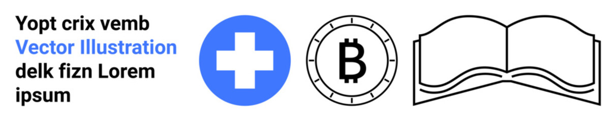 Obraz premium Blue cross, Bitcoin symbol in circle, open book, and black placeholder text. Ideal for medical, cryptocurrency, finance, education, technology, and graphic design. Landing page