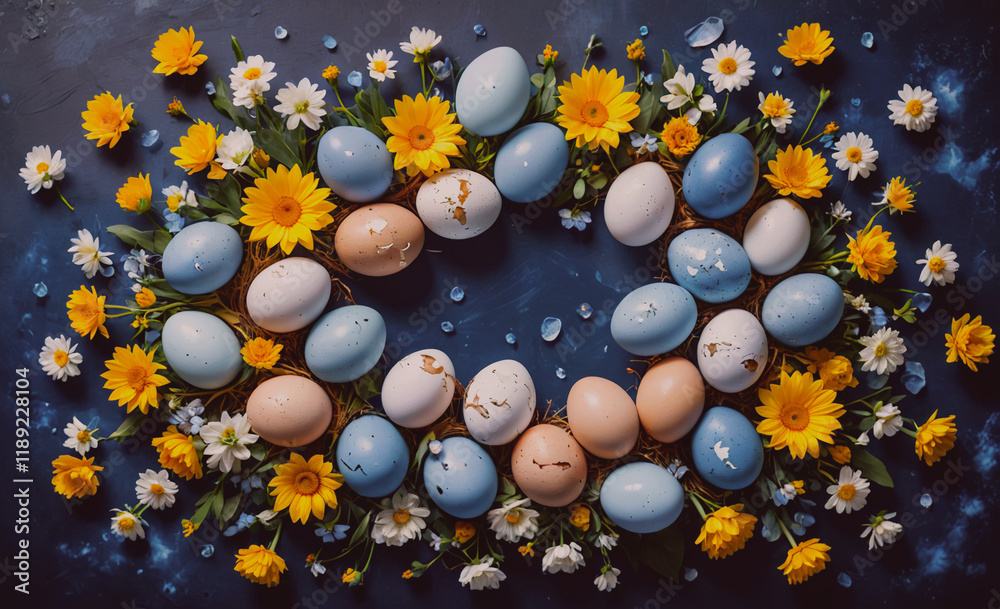 Poster blue and yellow flower arrangement with eggs in the center. the eggs are of different colors and siz