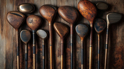 Vintage golf clubs arranged on wooden surface display history of sport. Aged rusted golf clubs show patina. Sport equipment details reveal craftsmanship. Collectors, history enthusiasts appreciate