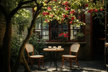 Outdoor cafe table surrounded by lush greenery and flowers