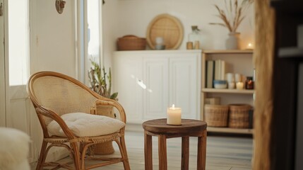 A living space with white walls, a wooden chair, and a small table holding a candle.