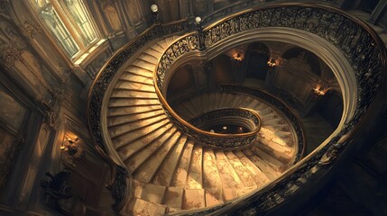 Grand Spiral Staircase In An Ornate Mansion
