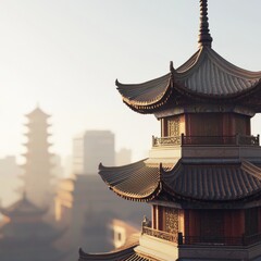 Fototapeta premium Ancient chinese pagoda in urban landscape architectural details city environment aerial view cultural heritage