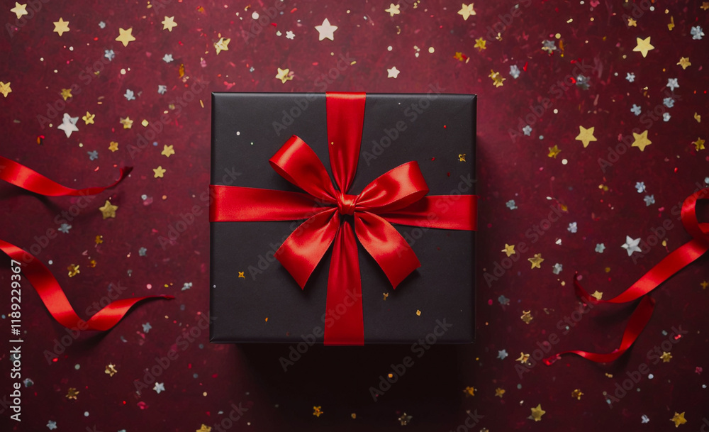 Poster black box with a red bow on top. there are many stars scattered around the box