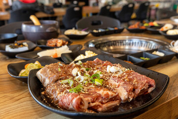 Korean BBQ. Seasoned beef ribs