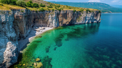 Stunning coastal cliffs meet clear turquoise waters under a bright blue sky, showcasing nature's beauty.