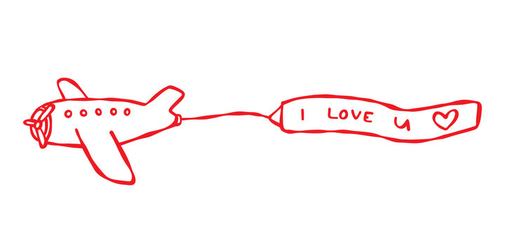 Airplane pulling a banner I love you. Hand-drawn red contour elements isolated on a white background. Romantic love themed designs, Valentines Day, travelling, honeymoon, cards, web, blog, prints