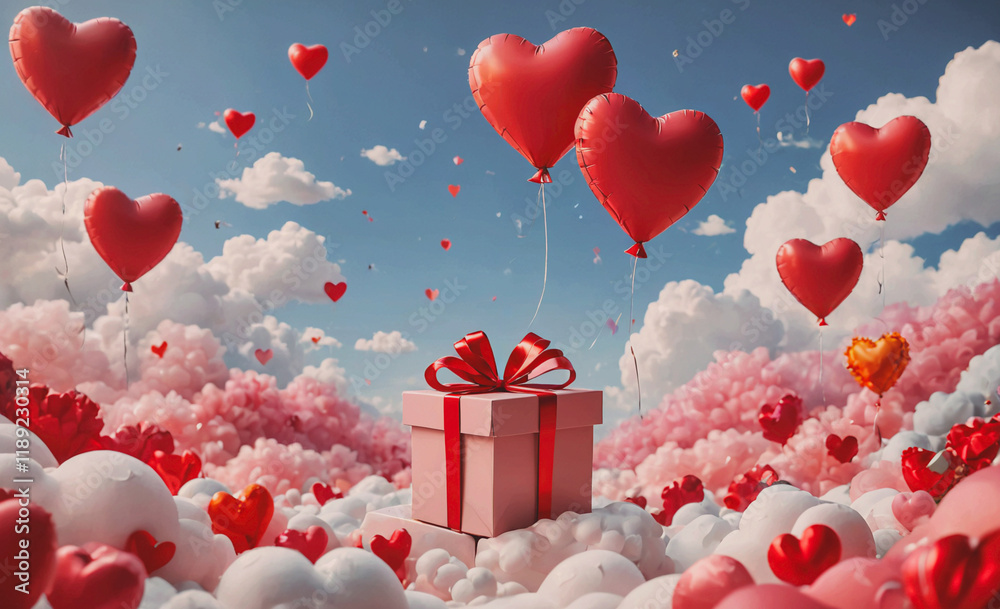 Poster Box with a red ribbon sits in the middle of a cloud of red balloons. The balloons are scattered all around the box and the sky