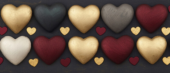 Obraz premium Gold, red, and black heart decorations with small golden accents on dark background