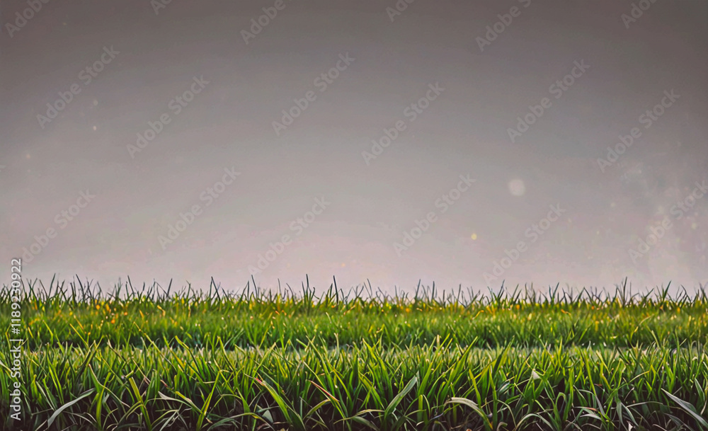 Poster Field of grass with a cloudy sky in the background. The grass is green and the sky is gray
