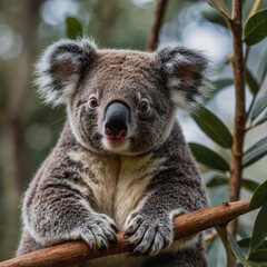 A koala is standing on a tree branch and looking at the camera. Scene is playful and curious, as the koala seems to be interested in the photographer