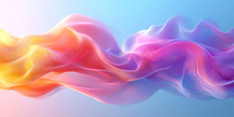 Fototapeta premium Flowing silk fabric in vibrant colors creates a dynamic and abstract composition in a soft gradient background. Abstract background, soft colors, fluid fabric, silk fabric, holographic gradient