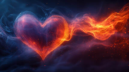 vibrant heart shape design with fiery elements and swirling smoke creates captivating visual. blend of colors evokes passion and warmth, perfect for romantic themes