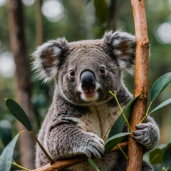Naklejka premium Koala standing on a tree branch and looking at the camera. close-up. Generative AI.