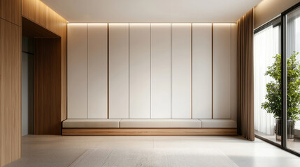 Fototapeta premium Minimalist dressing room with modern wooden wardrobe long bench