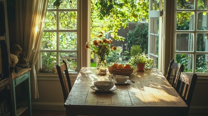 Fototapeta premium Cozy Breakfast Table with Flowers and Sunlight in Bright Room