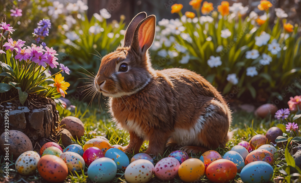 Poster brown rabbit is sitting on a bed of easter eggs. the eggs are scattered around the rabbit, with some