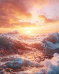 Fototapeta premium Twilight glow over ocean waves sunset seascape vibrant red hues serene environment natural beauty breathtaking view