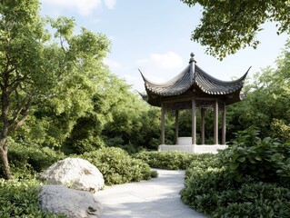 Serene chinese pagoda lush garden setting architectural tranquil environment captivating perspective