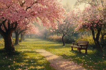 Cherry blossom trees forming a canopy over a sunlit path in spring