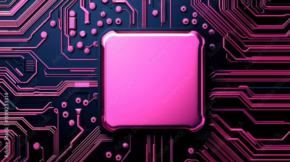 Poster abstract circuit board with central processing unit in pink color