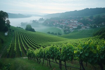 Fototapeta premium Lush green vineyard with rolling hills under a bright blue sky