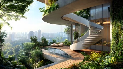 Fototapeta premium Modern Urban Oasis Featuring a Curving Staircase and Infinity Pool